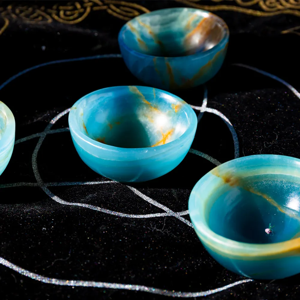 Natural crystals healing reiki blue onyx  bowl gemstone quartz hand carved cup