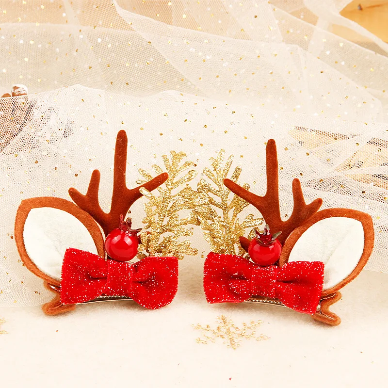 Factory Wholesale Golden Leaf Antler Hair Clip Holiday Gifts Bow Plush Antler Duckbill Hairclip