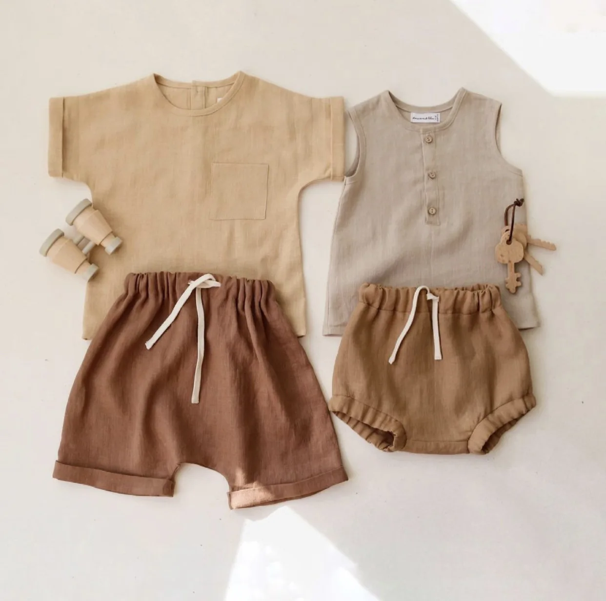Cotton Linen Pocket Top Shorts Two Piece Baby Boys Clothes Set Summer Suit Boys Clothes