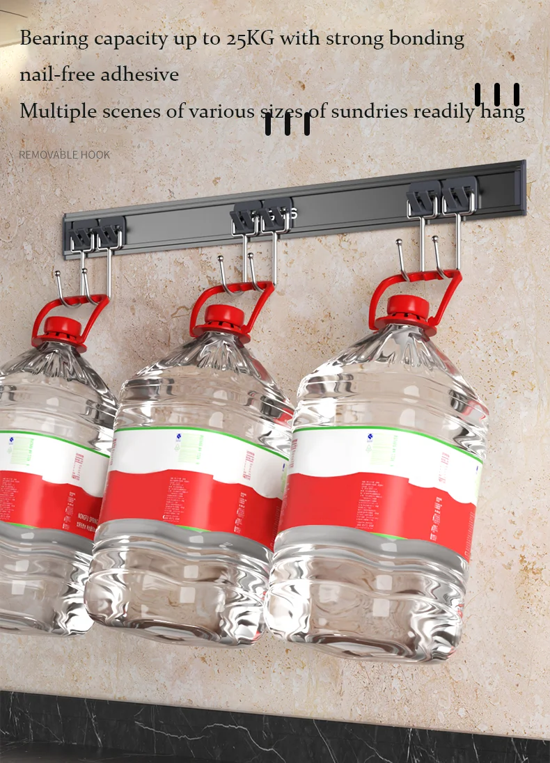 Multiple hooks Non punching kitchen hook bracket Wall mounted aluminum alloy kitchenware hanging rod Kitchenware storage rack