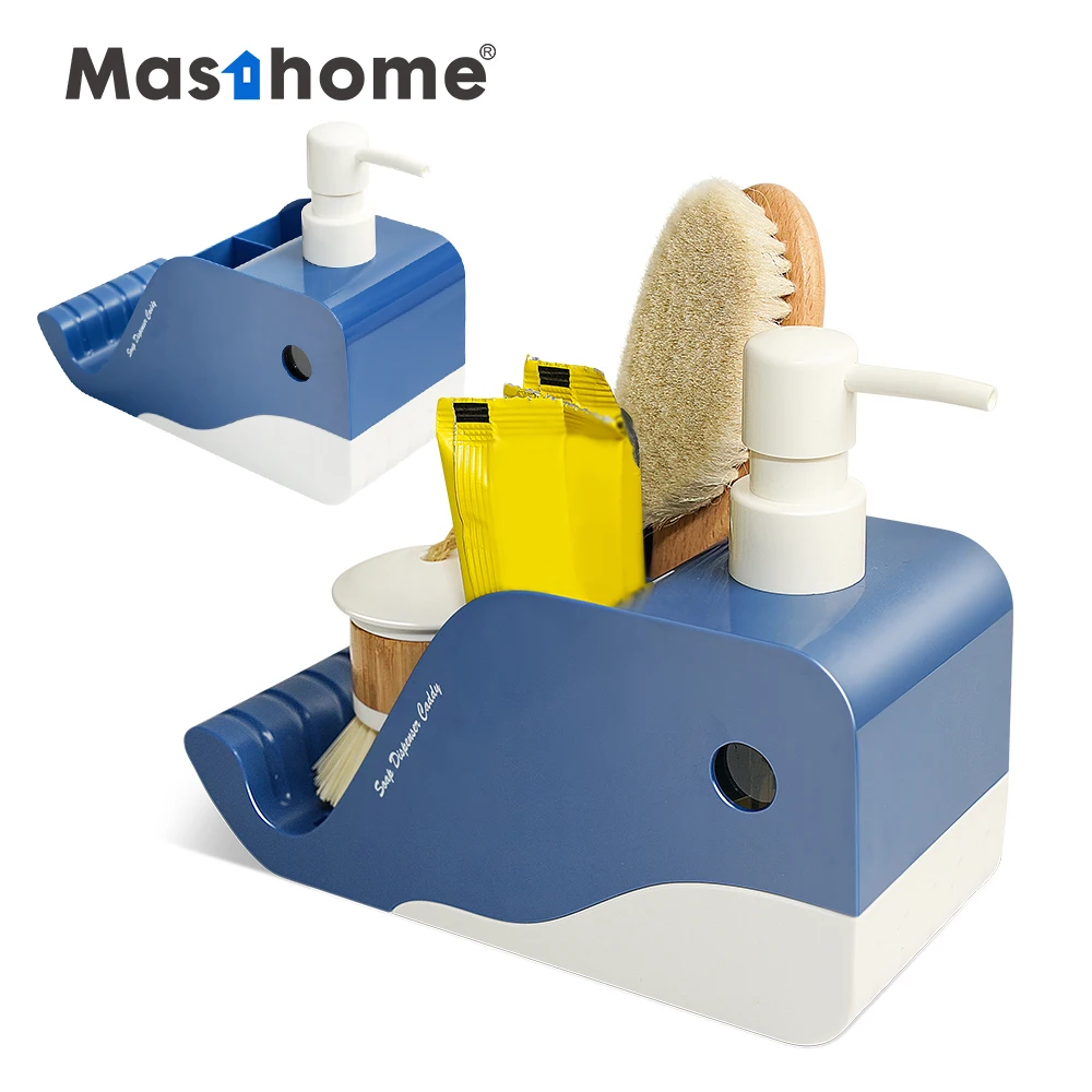 Masthome Whale Design Dish Soap Dispenser Sponge Holder Kitchen Sink Caddy Dishwashing Liquid Soap Pump Dispenser Sink Organizer