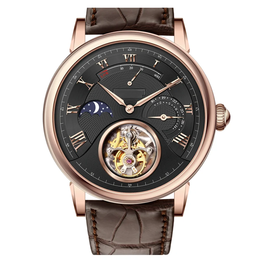 Custom stainless steel case calendar power show moon phase tourbillon movement men mechanical watches