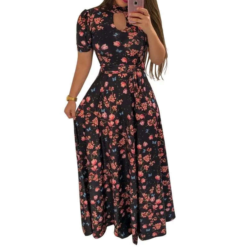2022 Professional Custom Women Summer Fashion Plus Size Print O Neck Short Sleeve Loose Long Dresses