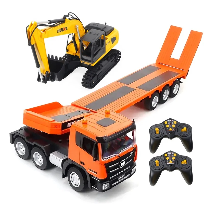 Huina 1319 Plastic ABS Demo Sound Led Lights 9CH Radio Control RC Trailer Truck with Excavator Toy For Engineering Fans