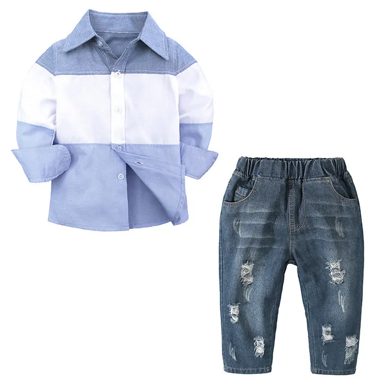 Custom Wholesale boys clothing set formal shirt with jeans fashion stylish clothes for baby boys 2pcs wear