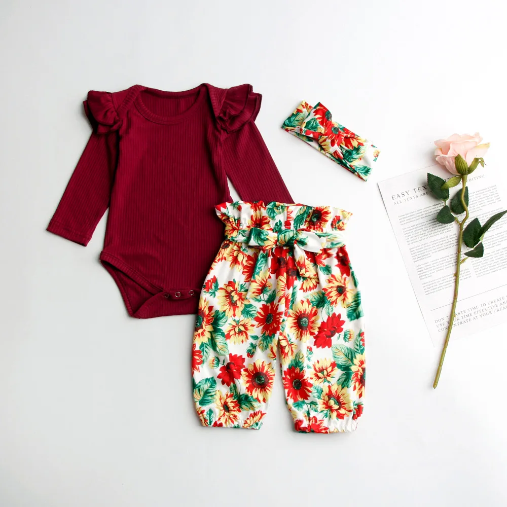 
Infant Toddler Baby Girl Romper Floral Cotton Newborn Ruffle Long Sleeve Bodysuit Winter 3PCS Baby Clothes Outfits Sets 