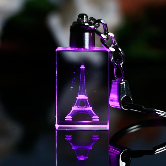 Hot Sale Creative Glow Keychain 2021 Fashion Colorful Fairy Tower Pattern Cube Shape Rhinestone clear Crystal LED Light Keyring
