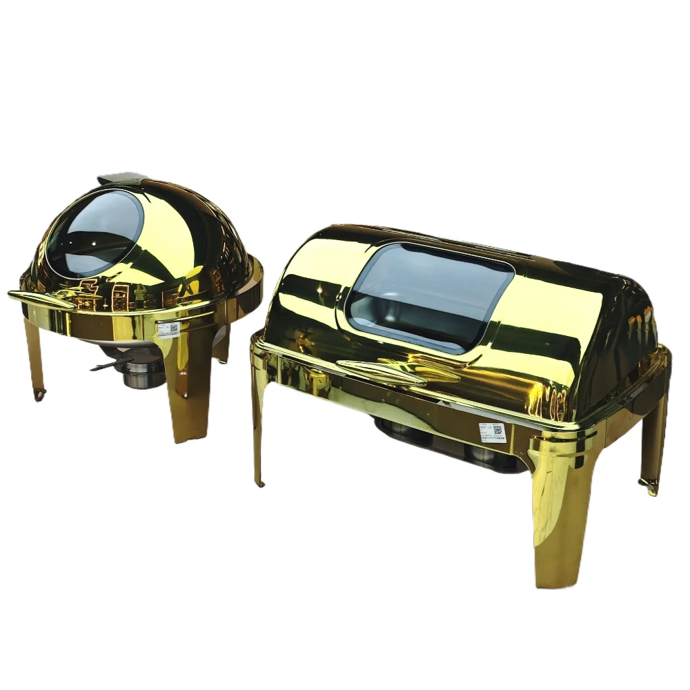 Best Selling Rectangle Gold Round 6L Chaffing Dish Hotel Restaurant Luxury Stainless Steel Hot Pot Food Warmer Set