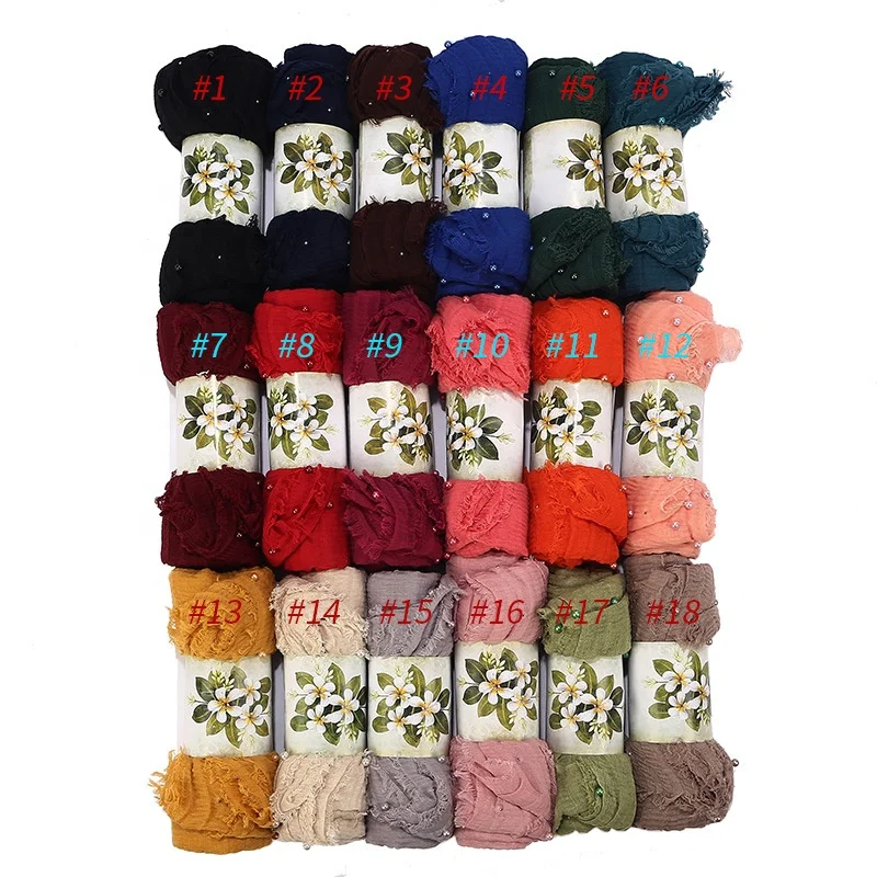 
Mixed Wholesale Stock 180*70cm Pure Color Cotton Wrinkle Pearl Hijab 