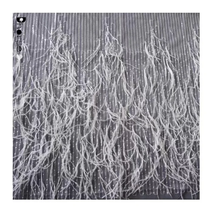 Luxury hand made ostrich feather tulle lace fabric with sequin embroidery for formal dress