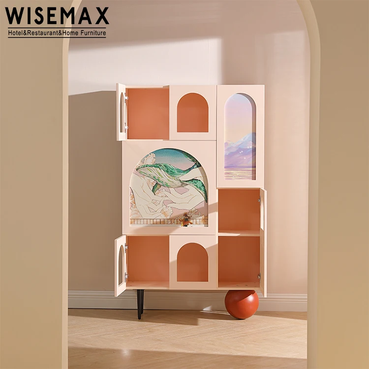 WISEMAX FURNITURE creative living room sofa side pink wood glass long cabinet with open door shelving design floor cabinet