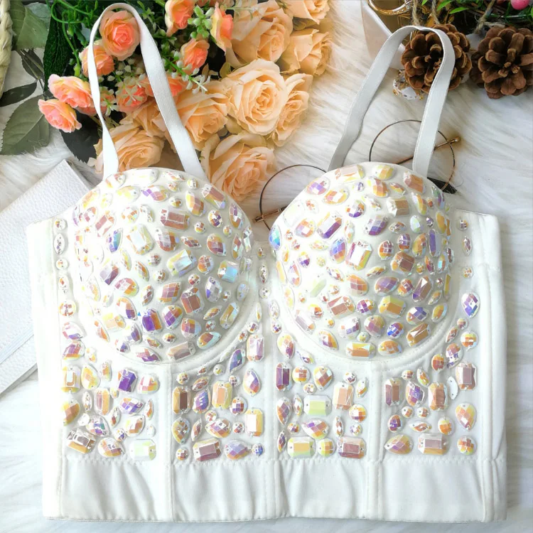 wholesale full rhinestone diamond acrylic luxury ladies boned underwire sexy dance show crop short crystal corset top for women