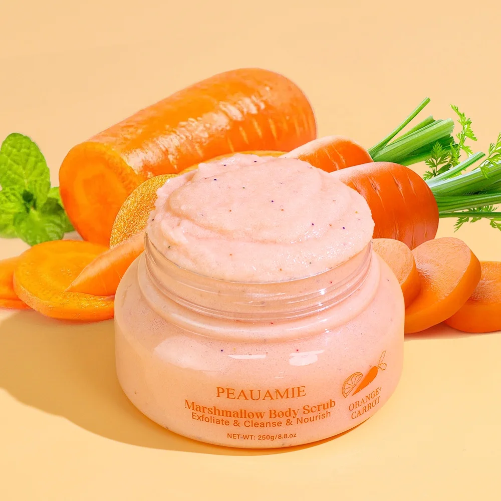 Beauty Salon Custom Face And Body Scrub Orange & Carrot Marshmallow Scrub For Remove Dark Spots And Smooth Skin