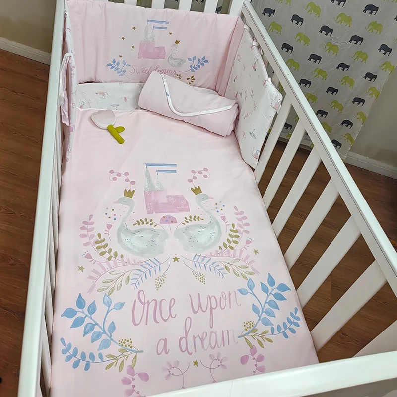 Pink Cartoon Moon Stars 100% Cotton Baby Crib Bedding Set For Girls