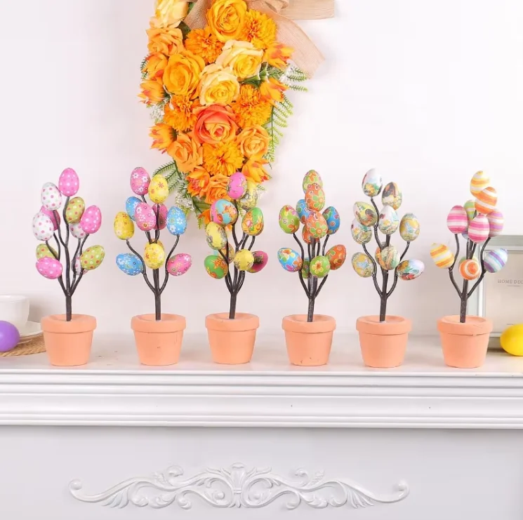 2025 DIY Table Decoration Cartoon Printed Easter Egg Simulation Easter Egg Pot & Tree Shape for Holidays & Parties