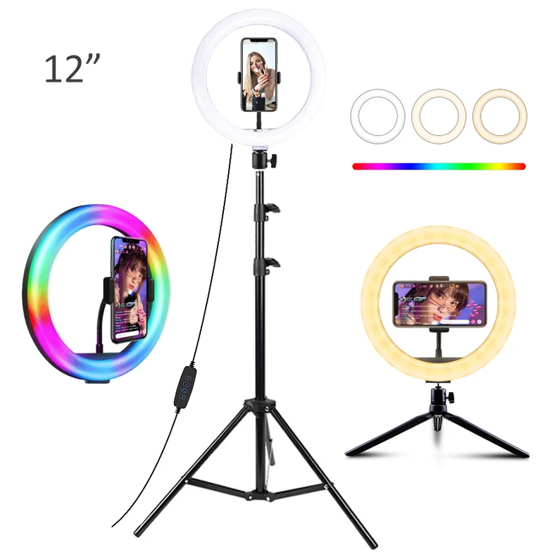 hot selfie ring light 12 inch LED round lamp RGB fill light  with 2m floor tripod  for photography  Makeup, YouTube, Tiktok