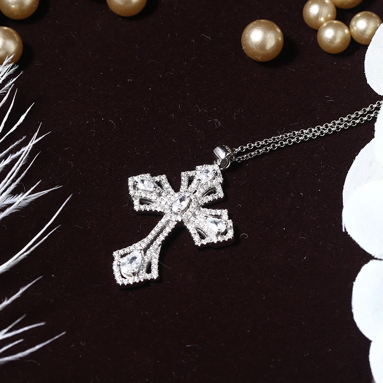 Wholesale White Gold Plated 925 Sterling Silver Cross Prong Pendant Cross CZ Pendant Prong Setting Necklace Cubic Zirconia