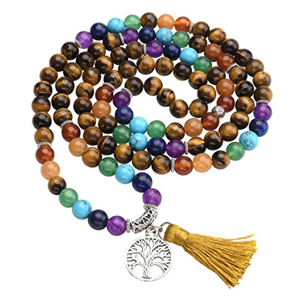 Natural 7 Chakra Healing Mala Prayer Beads 108 Beaded Tassels Wrapped Stone Bead Stretch Bracelet Necklace Jewelry