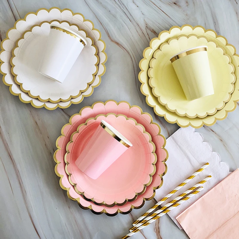 Event & Party Supplies Disposable Paper Tableware Set with Solid Printing Paper Party Plates Cups Napkins Straws 69pcs