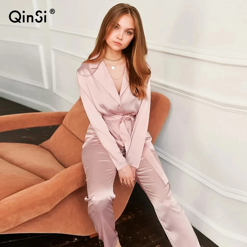Женские шелковые атласные пижамные комплекты QINSI из 2 предметов пижамный комплект одежда для сна Женский двух