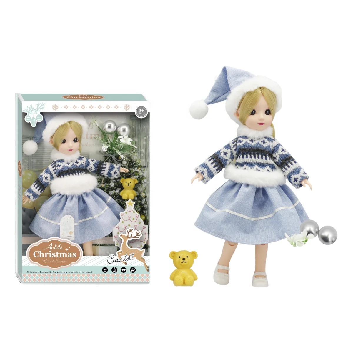 New Arrival Kids Toy Lifelike Baby Doll Cute Plastic Baby Girl Dolls Christmas Dress with Hat Set