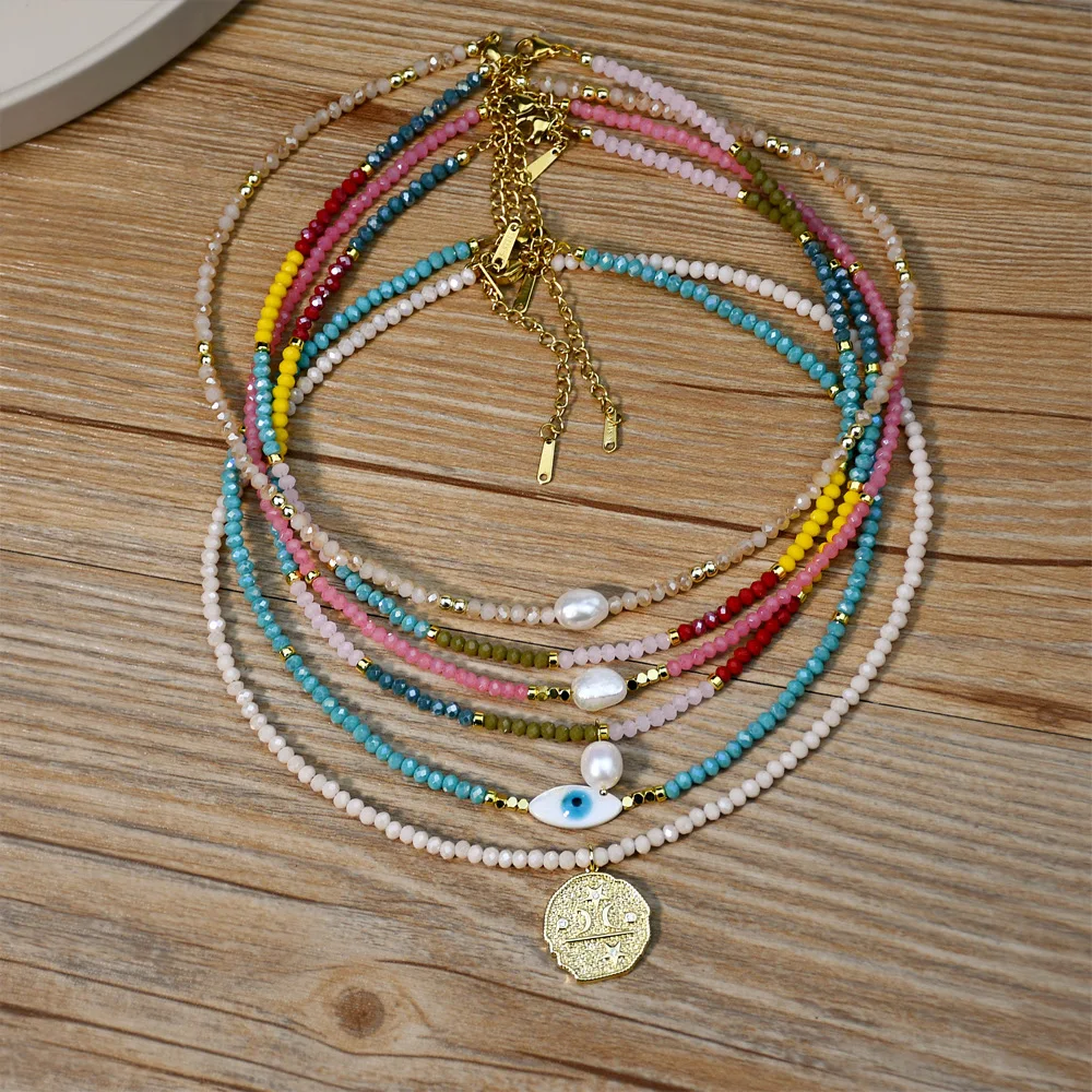 Popular Candy Color Boho Necklace Handmade High Quality Crystal Beads Choker Necklace for Lady Natural Freshwater Pearl Necklace