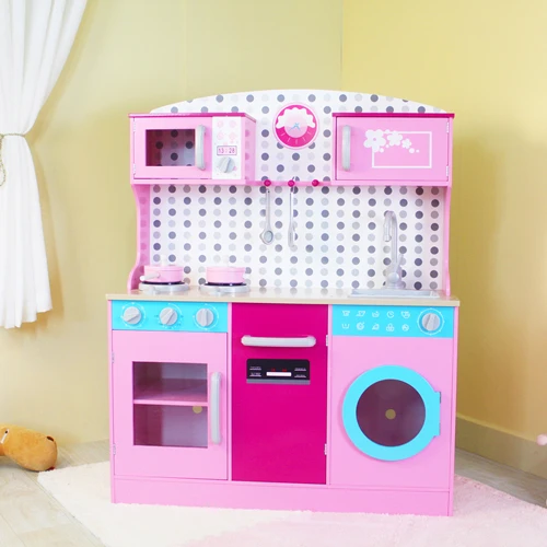 2024 High quality pink Pretend Play Kitchen Set simulation boys girls cabinet fore Wooden toys kitchen set for kids