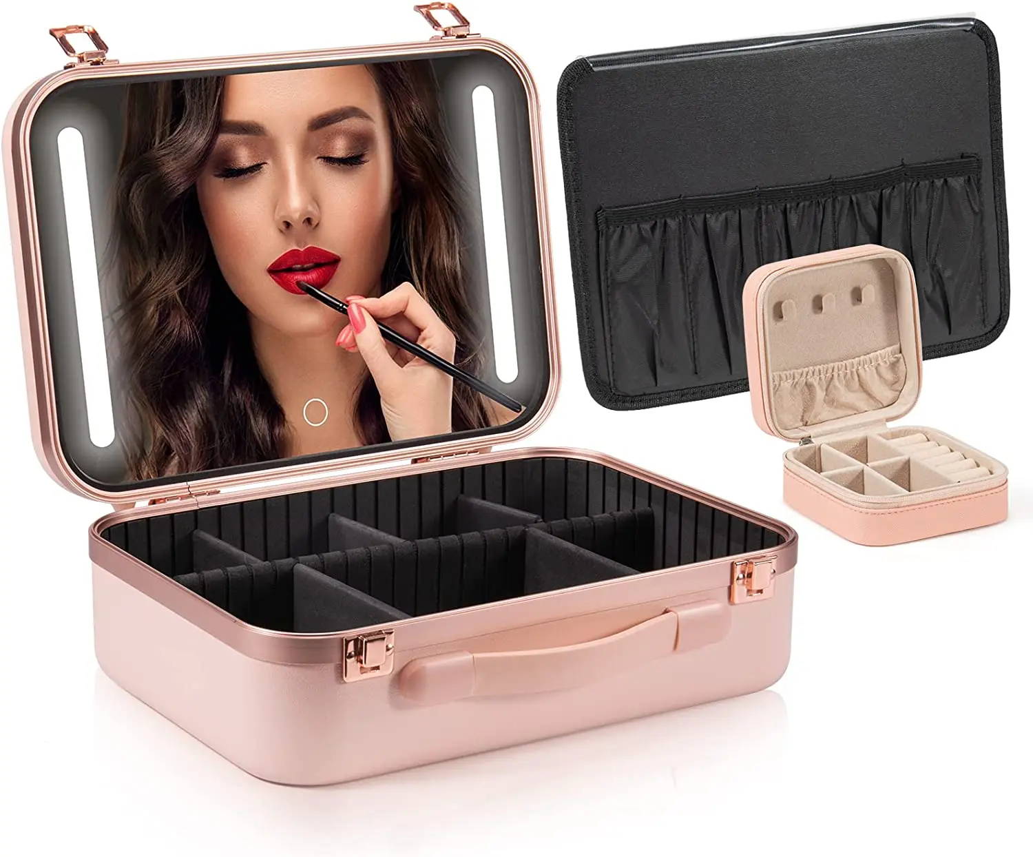 Makeup Travel Lighted Case with Large LED Light Mirror Coetic Bag Organizer Professional Adjustable Divider Storage