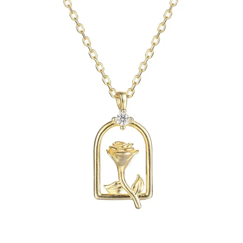 Silverbene Hot Golden Rose Flower CZ 925 Sterling Silver Necklace