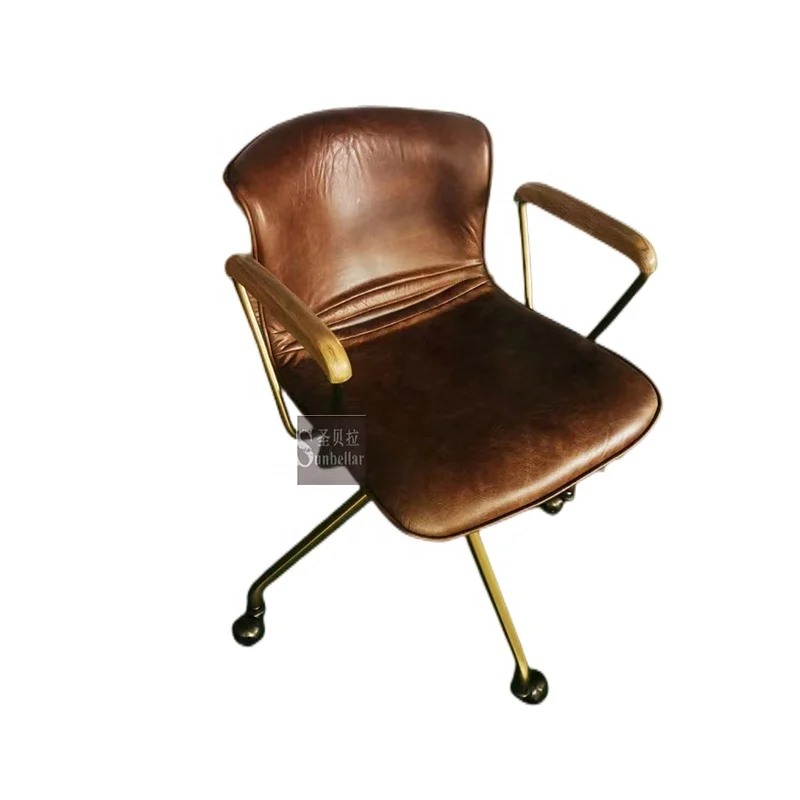 wholesale antique leather swivel reading chair vintage brown genuine leather armchair with wheels medium back home office chair