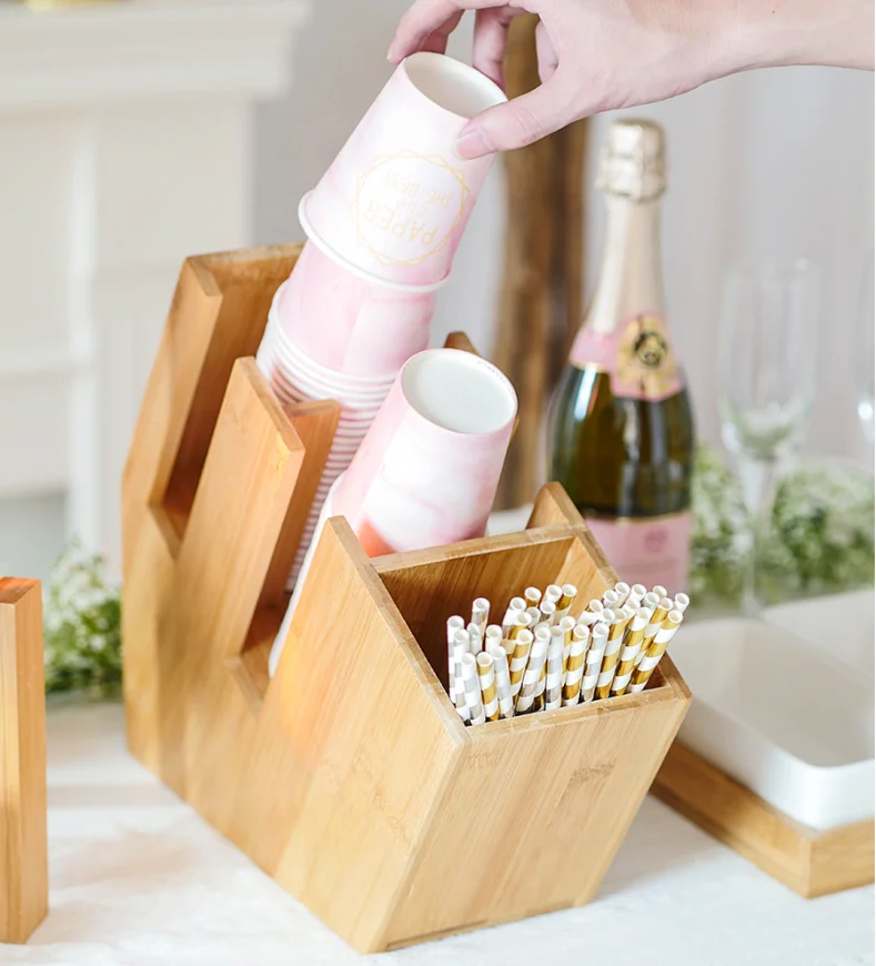 Coffee Milk Tea Shop Supplies Bamboo Disposable Paper Cup Drinking Straw Holder Dispenser Stand Display Rack
