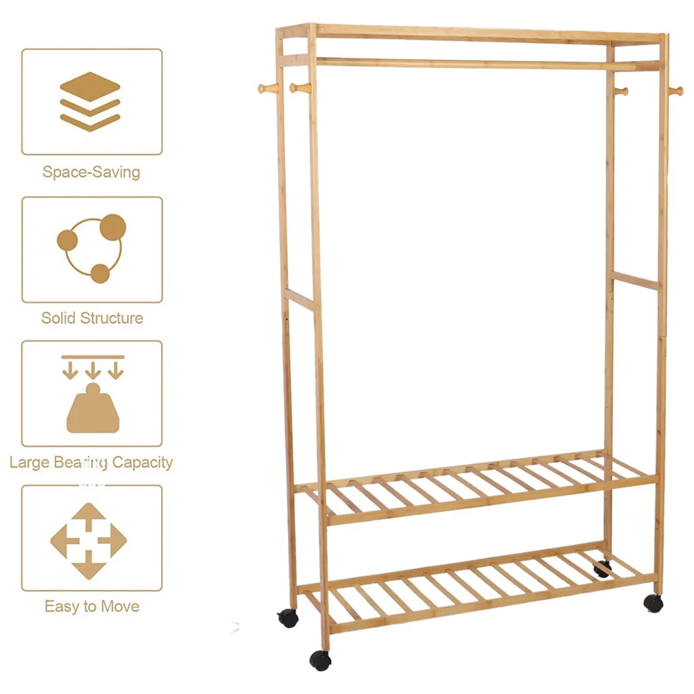 Three-in-one hanging space with wheel design is sturdy and beautiful bamboo clothes shelf