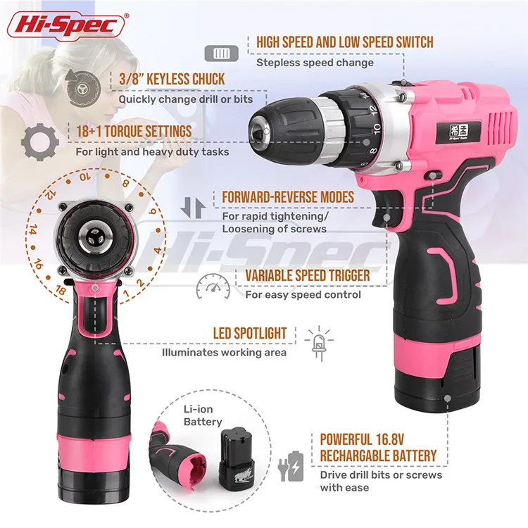 124 piece Pink Lady Power Tools Kit Hand Tools Set Cordless Power Drill with 16.8v Li-ion Battery in a tool case