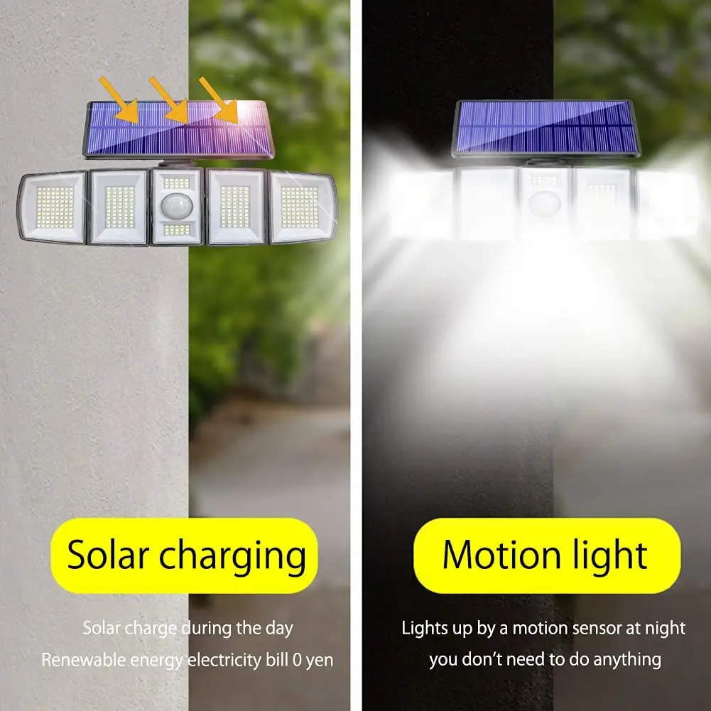 5 Head Solar Motion Sensor Floodlight 300 LED Solar Security Lights Outdoor Cordless 5 Adjustable Heads  360  Wide Angle