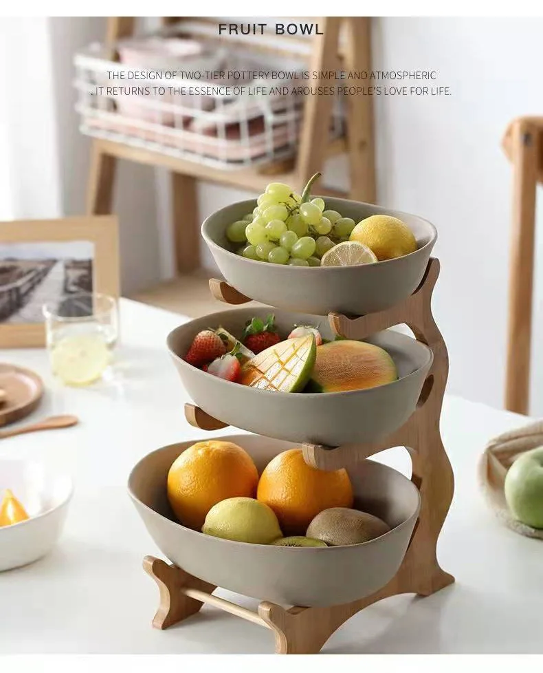 Multi-Layered Multifunction Fruit Plate Ceramic Plate Bamboo Wood Rack Dried Fruit Plate Storage Racks