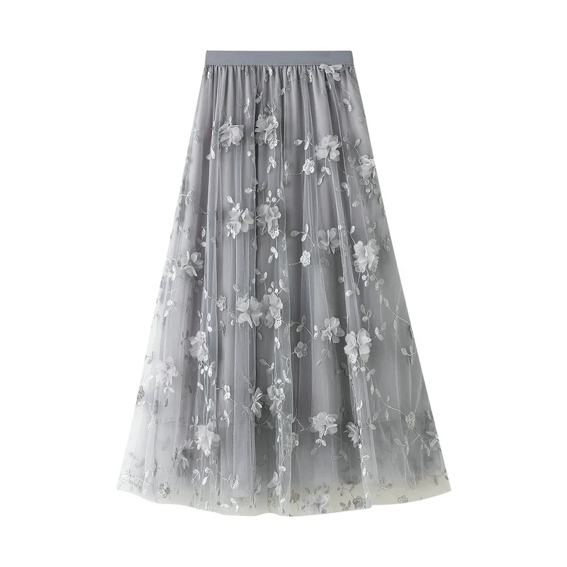 Women Skirt Embroidered A-line High Waist Long Gauze Skirt