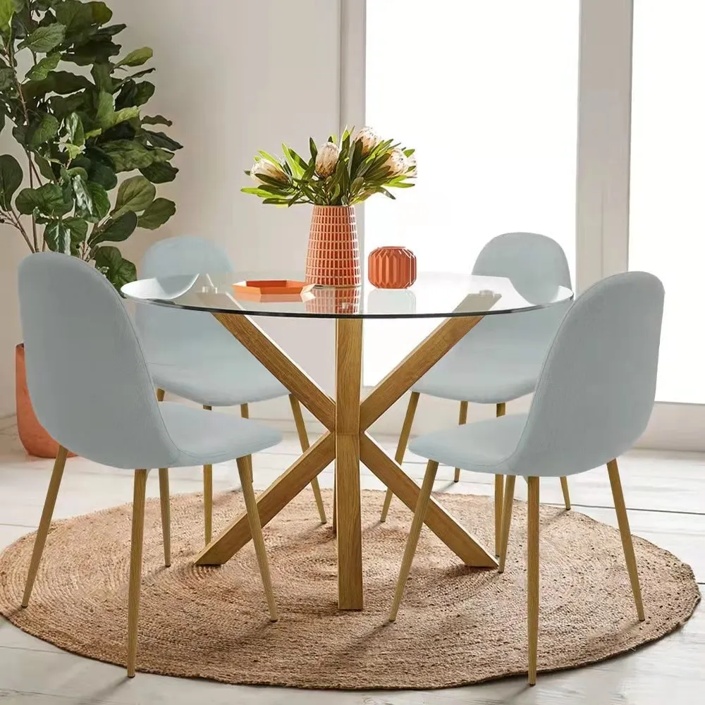 Factory Price Modern Stylish Clear Glass Cross Wood Base Dining Table Home Furniture Round Dining Table