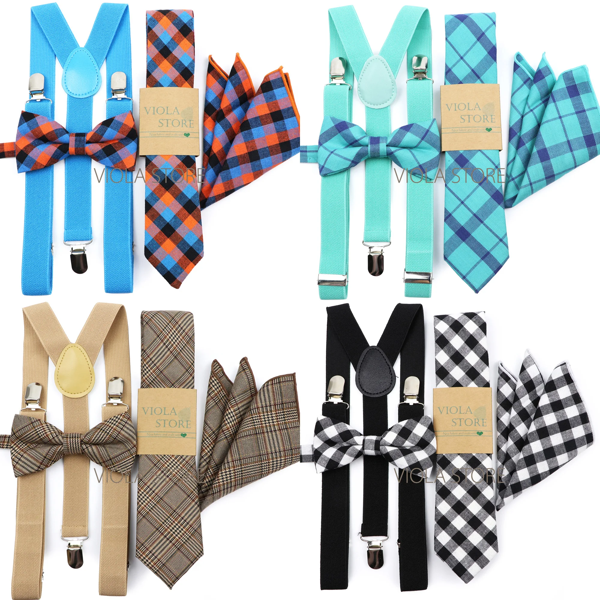 Navy Brown Mint Green Elastic Suspender Plaid Cotton Bow 6cm Tie Pocket Square Set Men Wedding Party Brace Cravat Gift Accessory
