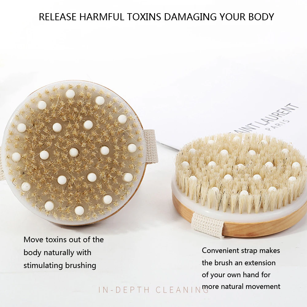 YAQI Round Wooden Scrub Bath Massage Silicone shower Brush dry body brush with Boar Bristles