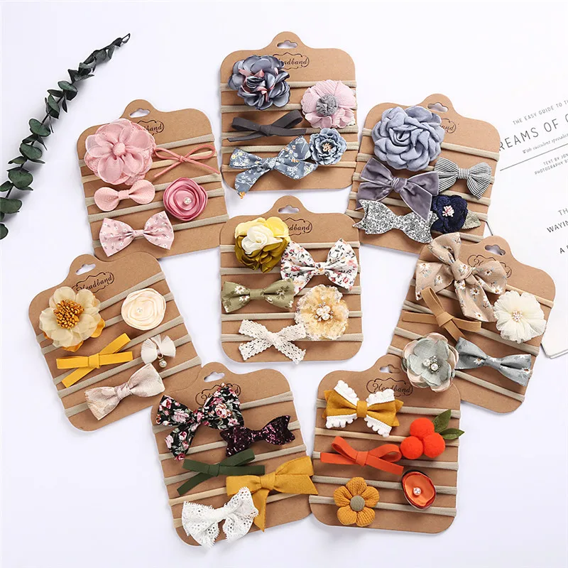 5pcs/lot Baby Girl Headbands Set Small Flower Bows Elastic Newborn Nylon Hairbands