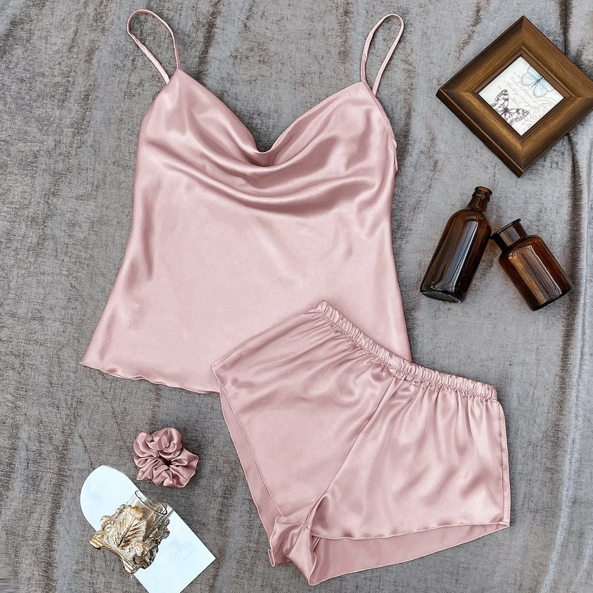 Summer Two Pieces Short Pajamas Women Set Solid Color Sleeveless Sexy Sleepwear Silk Satin Nighty for Women