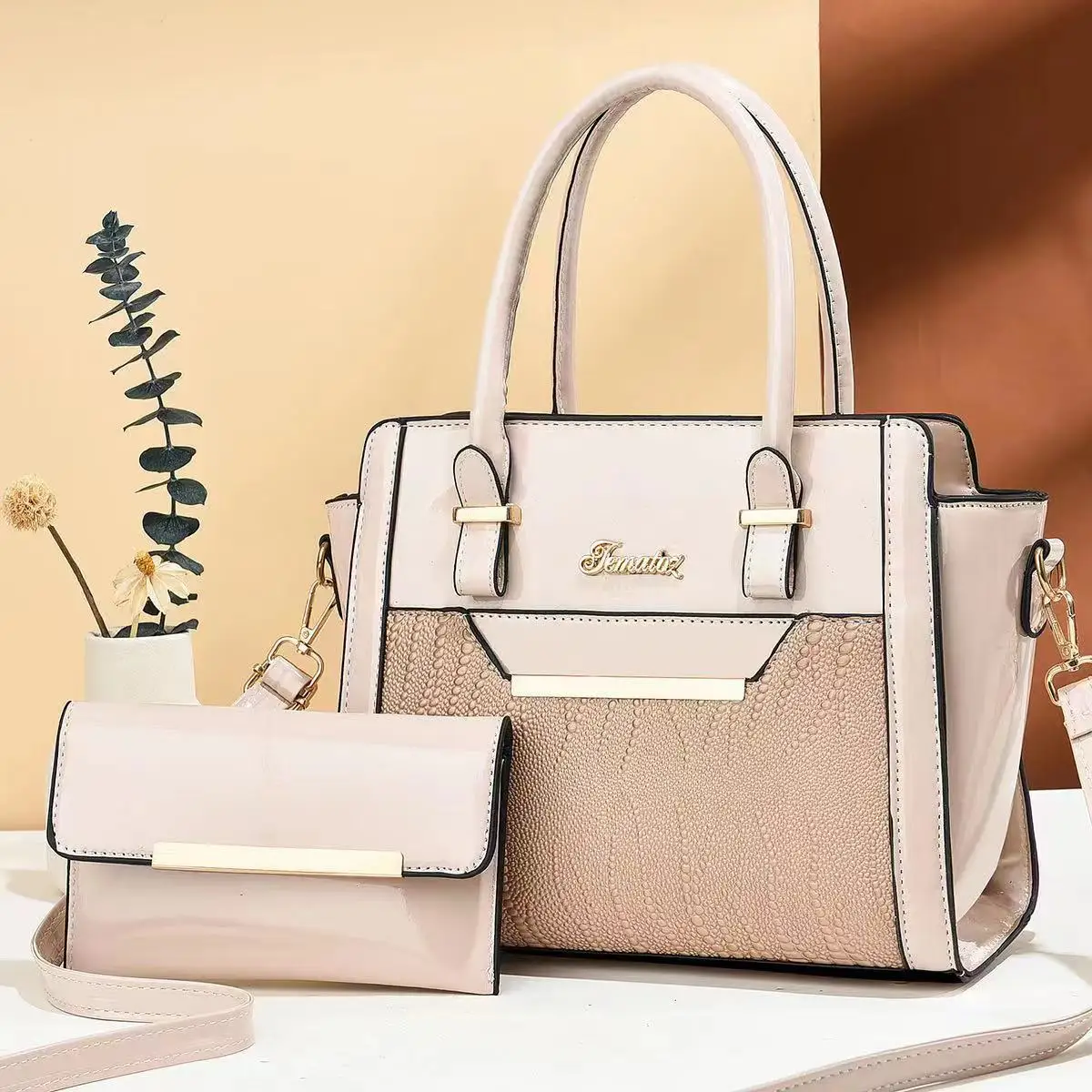 Hot selling pu leather women stock handbags set Color Choose 2pcs handbags set