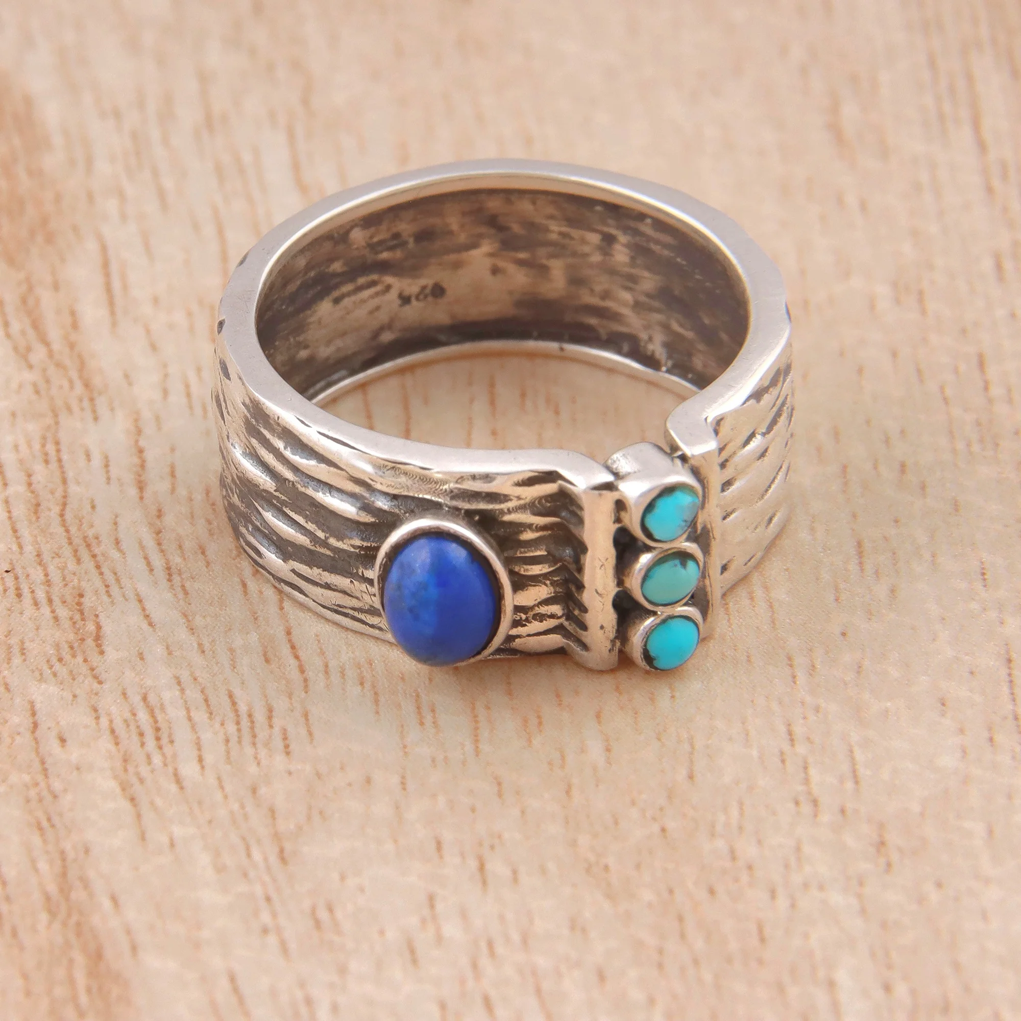 Best Selling 925 Sterling Silver Fine Jewelry Beautiful Hand Carved Turquoise Lapis Lazuli Ring with Diamond in Bulk Supply