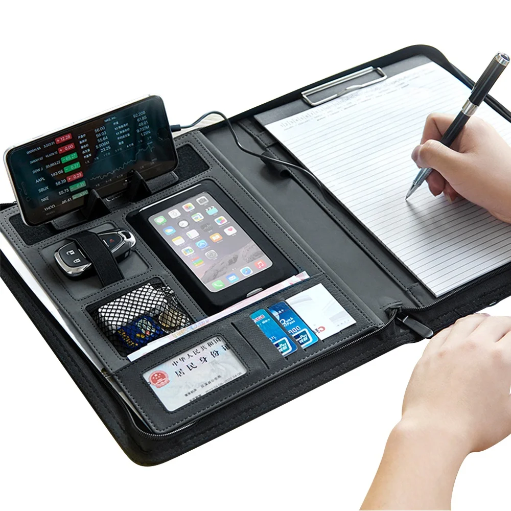 Wireless Charging Leather Padfolio Portfolio Zipper Folder Organizer  w/ Power Bank & Refillable Pad