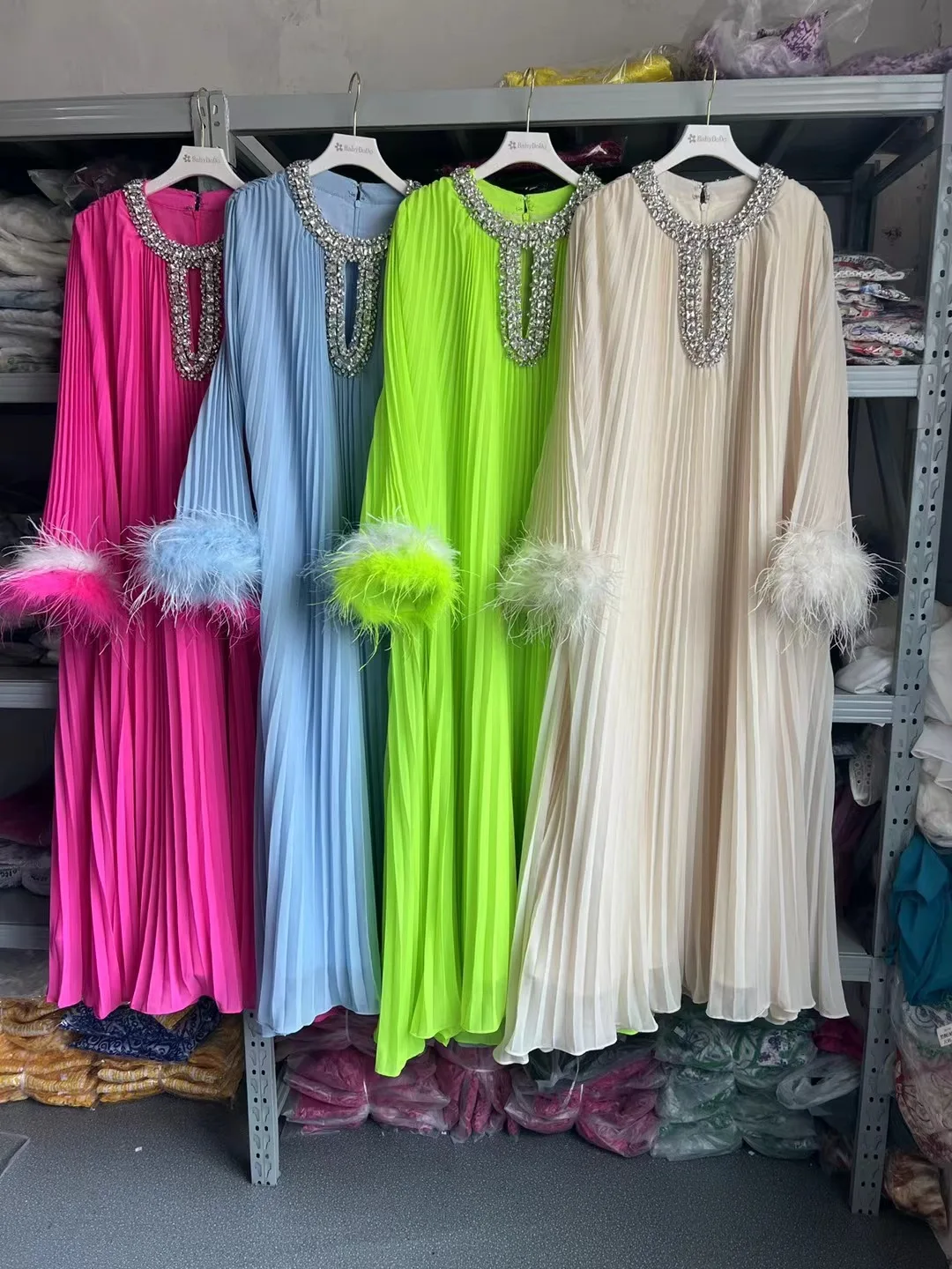 Luxury womens round crystal neck dress lady solid color big size clothes pleated skirt real fur cuffs long skirt