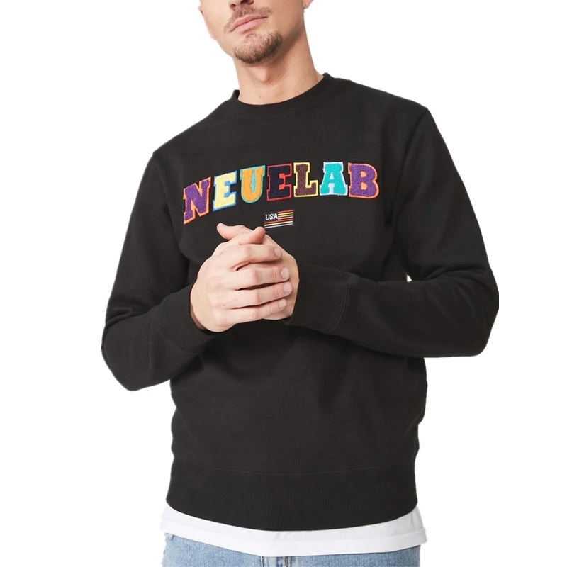 Cotton Fleece Sweatshirts Without Hood Custom Patched Fitted Pullover Colorful Chenille Patch Sweatshirt