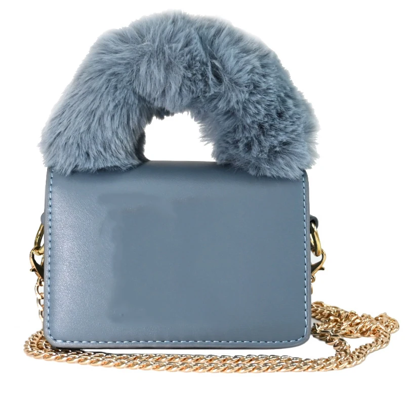 2021 new design matching ny fur purse and hat set Chain Fur Handle warm women purses and handbags ladies  Handbags