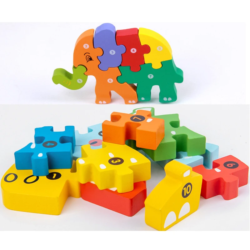 Cartoon Jigsaw Game Creative Animals Wooden Baby 3D Puzzle Math Play Education Sensory Montessori Wooden Puzzles Toys