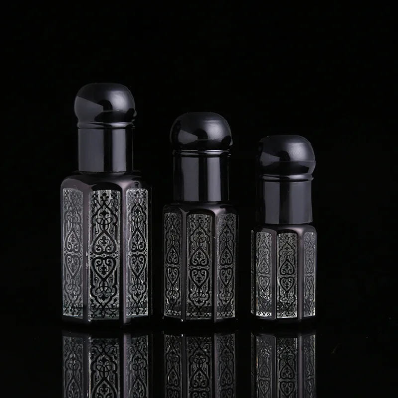New design 3ml 6ml 12ml octagonal roll glass perfume attar oud glass bottle black essential oil bottle