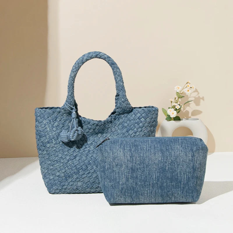Factory direct new ladies bag fashion senior denim full handmade weaving bag handbag shoulder large capacity   travel tote bag
